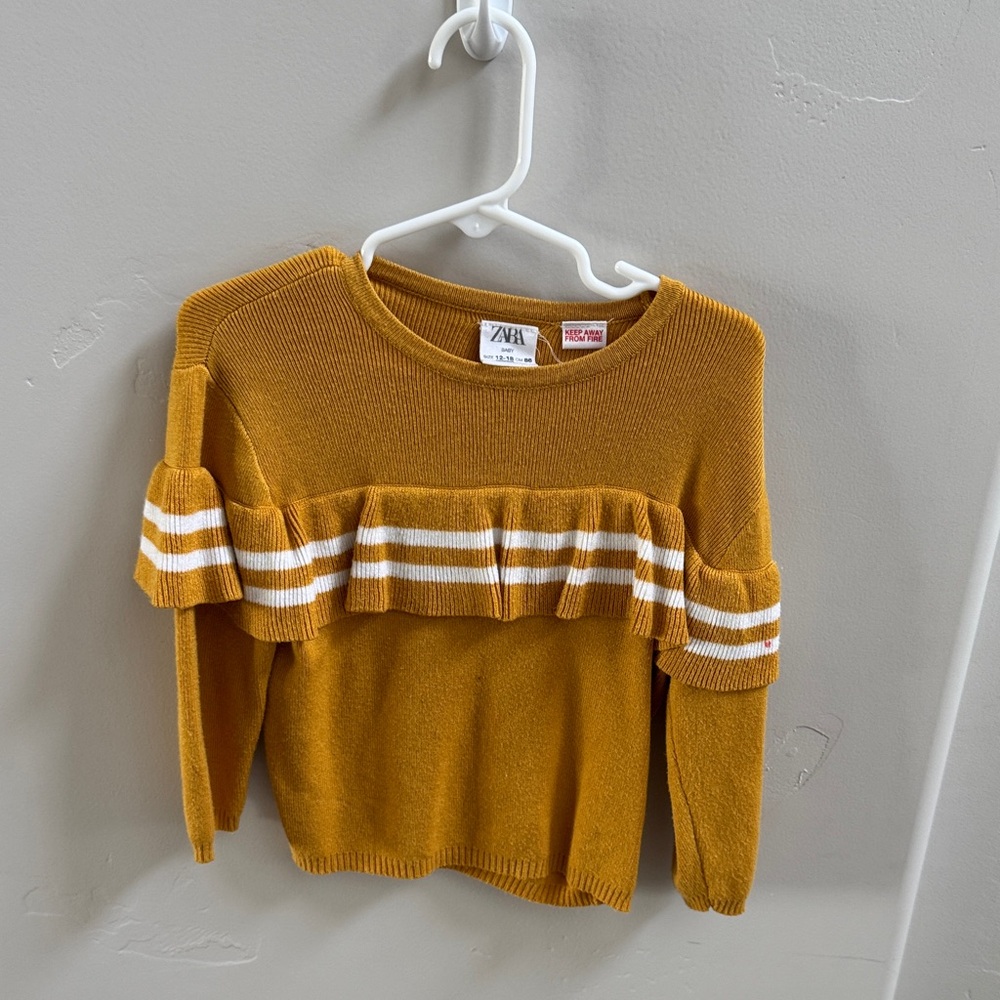 Zara Mustard Ruffle Stripe Crew Neck Sweater